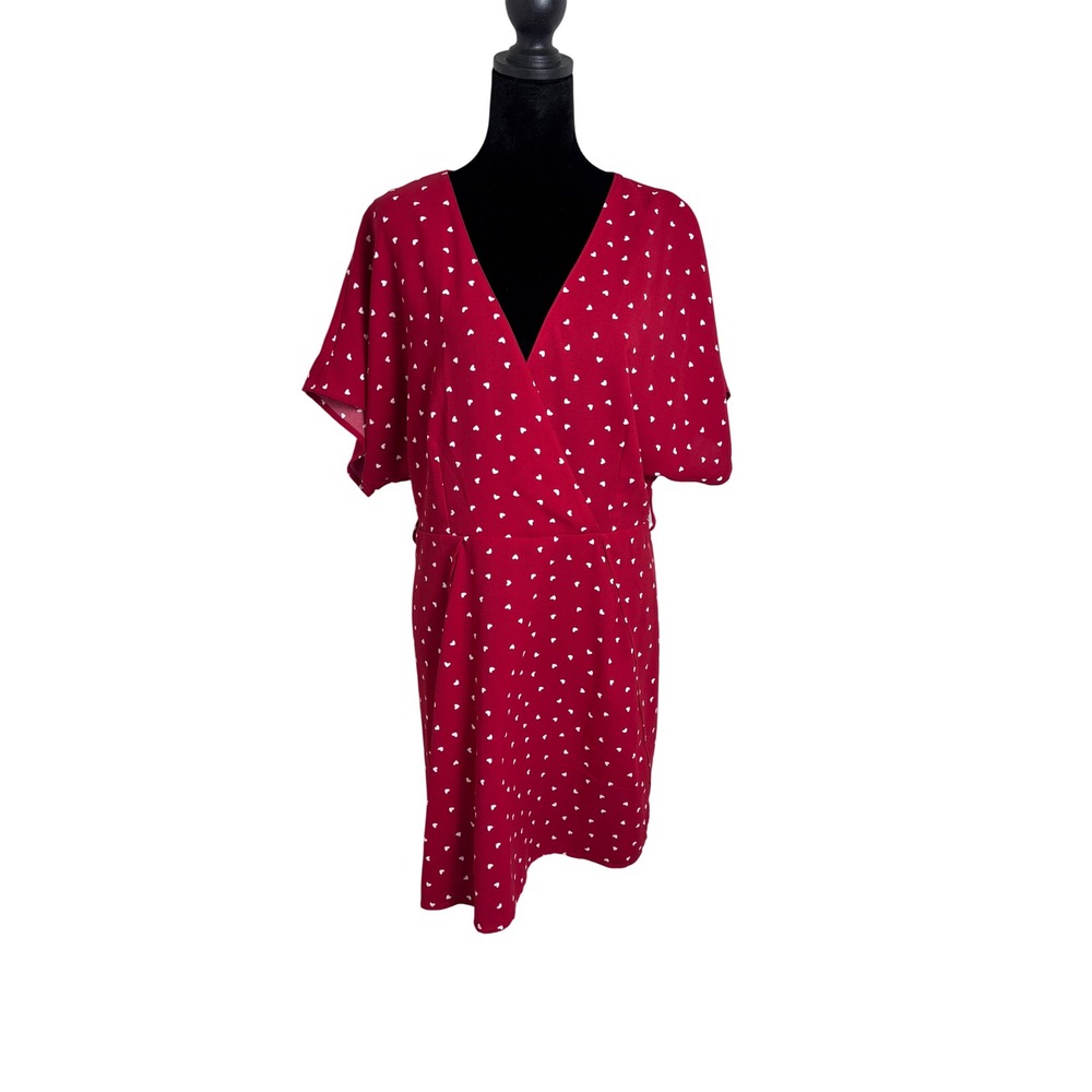 Nasty Gal Heart Print Mini Dress Womens Size 10 Red V-Neck Flutter Sleeve Wrap
